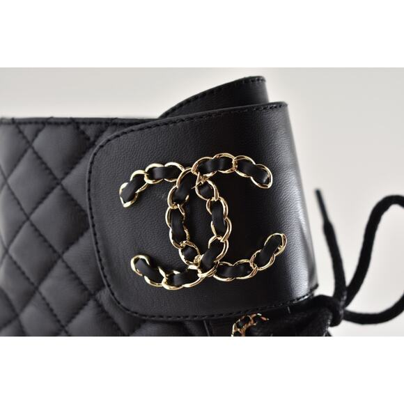 Chanel 21A Black Quilted Gold CC Chain Combat Lace Up Tie Ankle Short Boots 37 - Picture 4 of 15